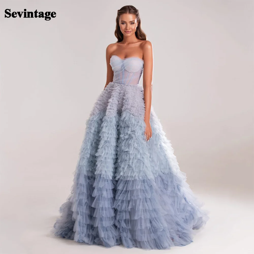 

Sevintage Blue Prom Dresses Tiered Ruffles Tulle Pleat Ruched A-Line Backless Saudi Arabic Women Party Evening Gowns 2022