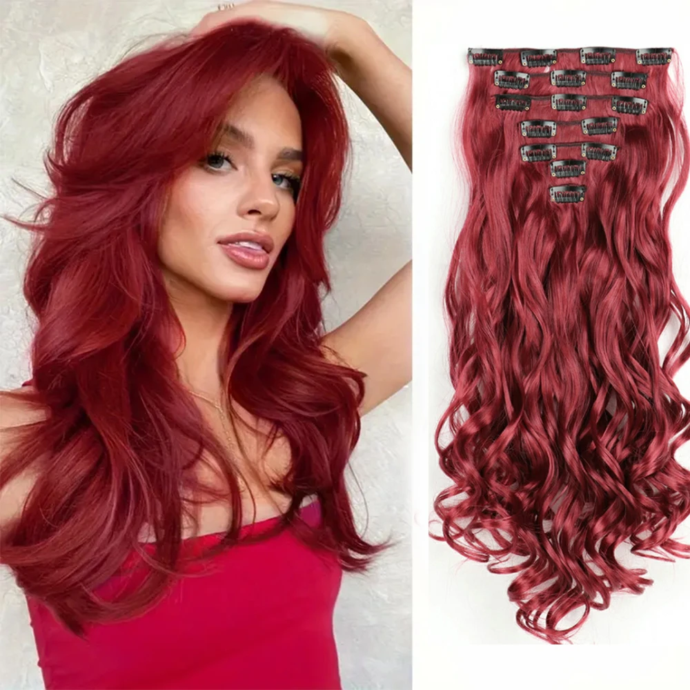 

22inch body wave 16-Clip in hair extension 7pcs/set Synthetic curly wig Fake Hairpiece Toupee for women Daily Use Hair accessory