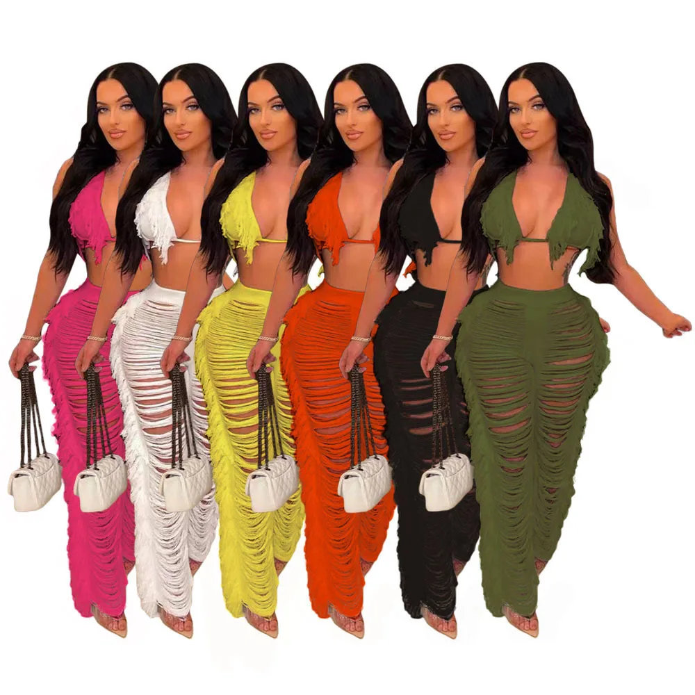 2024 Best Selling Sexy Two Piece Sets Summer Beachwear Knit Halter Top Wide Leg Pants Tassel 2 Piece Set Women