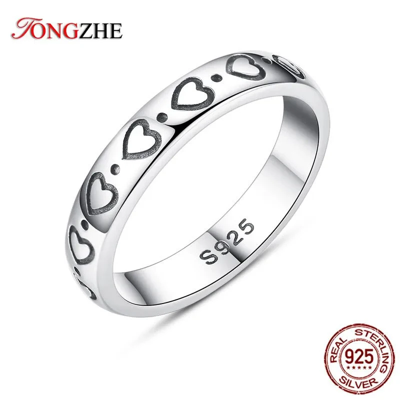 TONGZHE 925 Silver Ring Linked Love Heart Women Rings Sterling Black Heart Love Silver Ringlet Jewelry Drop Shipping