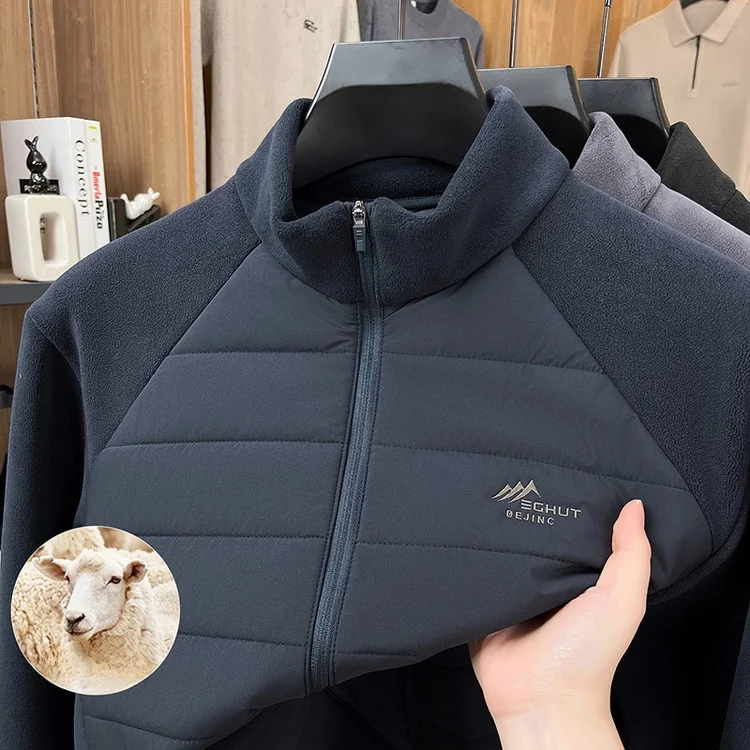 

Casual Lightweight Wool Blend Fce Patchwork Jaet Men's Autumn Winter Stand Collar Polyester Fiber Zipper Closure Coat