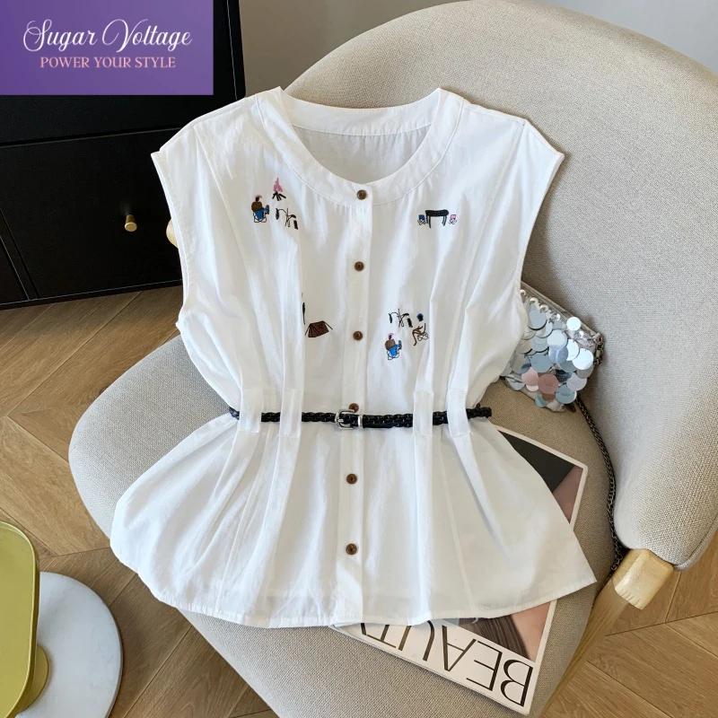 

Vintage Art Style Sleeveless Blouse White Embroidered Shirt with Button Front Waist Belt Outdoor Scene Summer Women Casual Tops