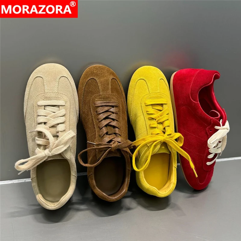 

Женские кроссовки NORAZORA из замши 4 цветов, модные повседневные туфли на плоской подошве с завязками, красные, желтые, коричневые, женская обувь на плоской подошве
