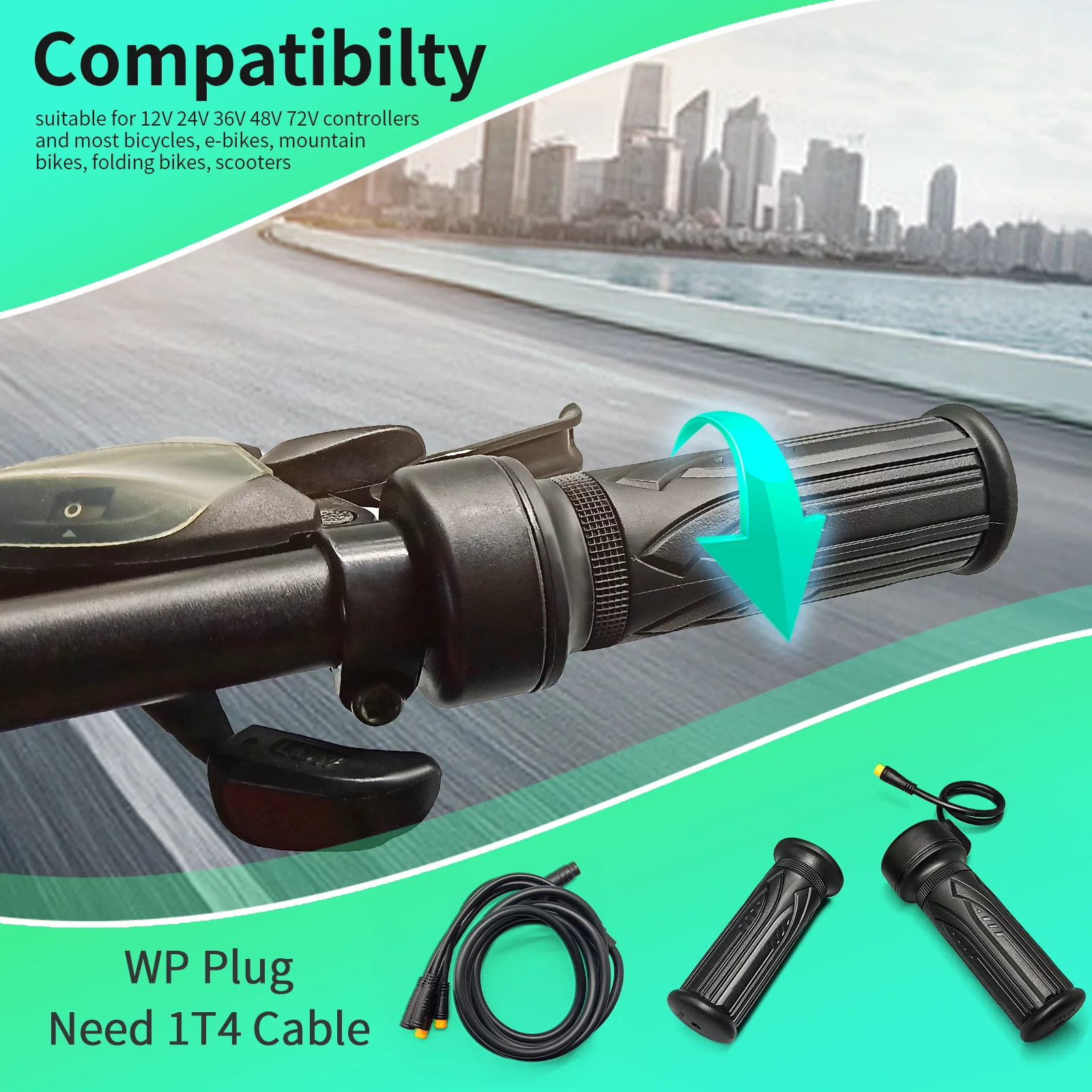 คันเร่งแบบหมุนเต็มที่ ด้านขวา 24V 36V 48V 60V 72V พร้อมหัวต่อแบบกันน้ำ/SM 3 ขา เหมาะสำหรับจักรยานไฟฟ้า