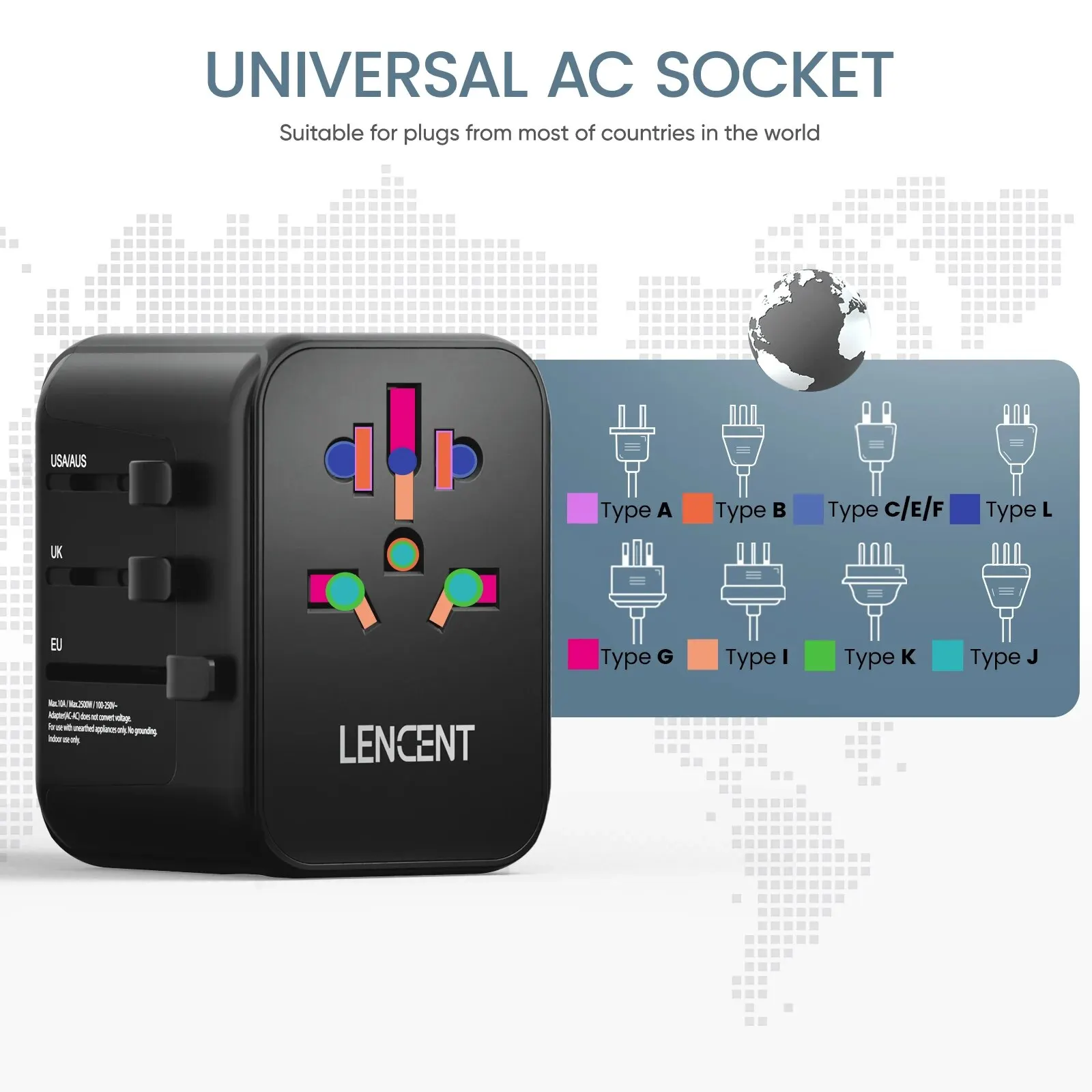 LENCENT 30W Universal Travel Adapter With 2 USB Port and 3 Type C All-in-one Travel Charger Adapter for US EU UK AUS Travel