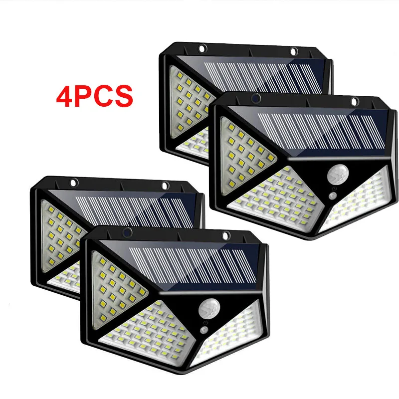 

4 шт. солнечных светильников с датчиком движения для улицы, 3 режима/100 светодиодов, беспроводные водонепроницаемые настенные светильники для входной двери, гаража, террасы