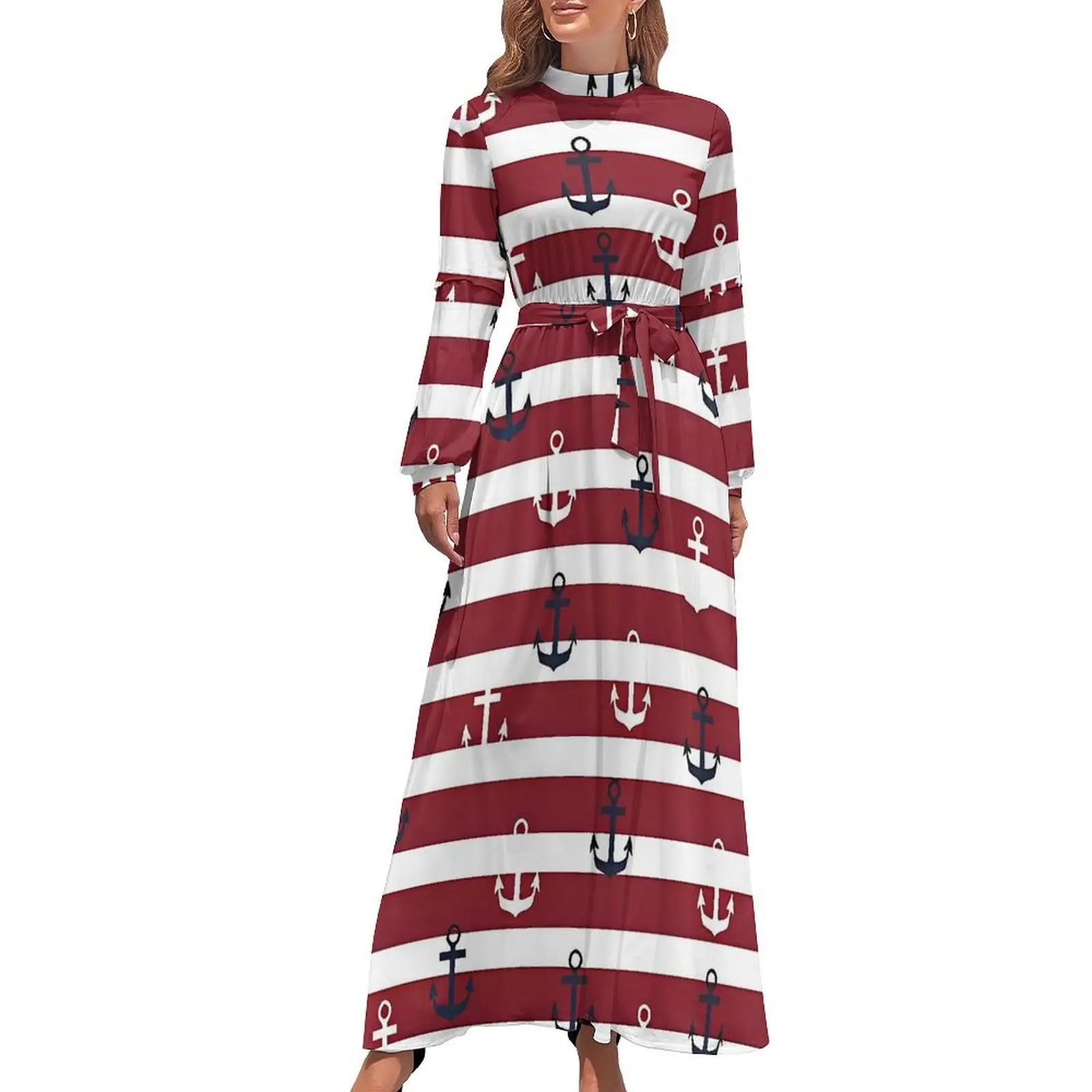 Red Stripes Navy And White Anchor Dress High Waist  Printed Beach Dresses Long Sleeve Street Wear Long Maxi Dress Sexy Clothing