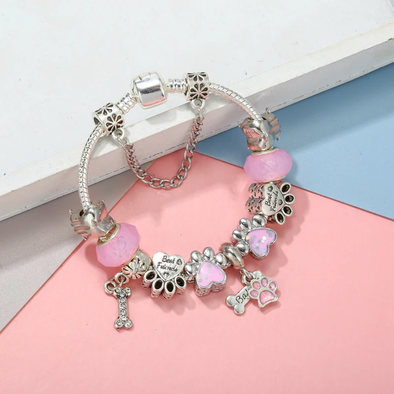 Pink Cartoon Snake Chain Charm Bracelet For Women With Dog Paw DIY Charms Beads Pendants High-Quality Jewelry Dropshipping