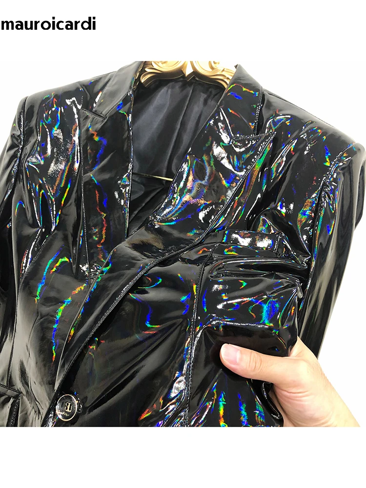 Mauroicardi Spring Autumn Cool Fitted Black Soft Shiny Reflective Patent Faux Leather Jacket Blazer Men Runway Fashion 2023