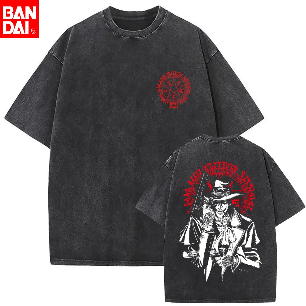 Gewaschene Vintage Anime Hellsing Abraham Van Helsing Vampir Alucard Doppelseitig Bedruckte T-Shirts Herren 90er Manga Übergroße T-Shirts