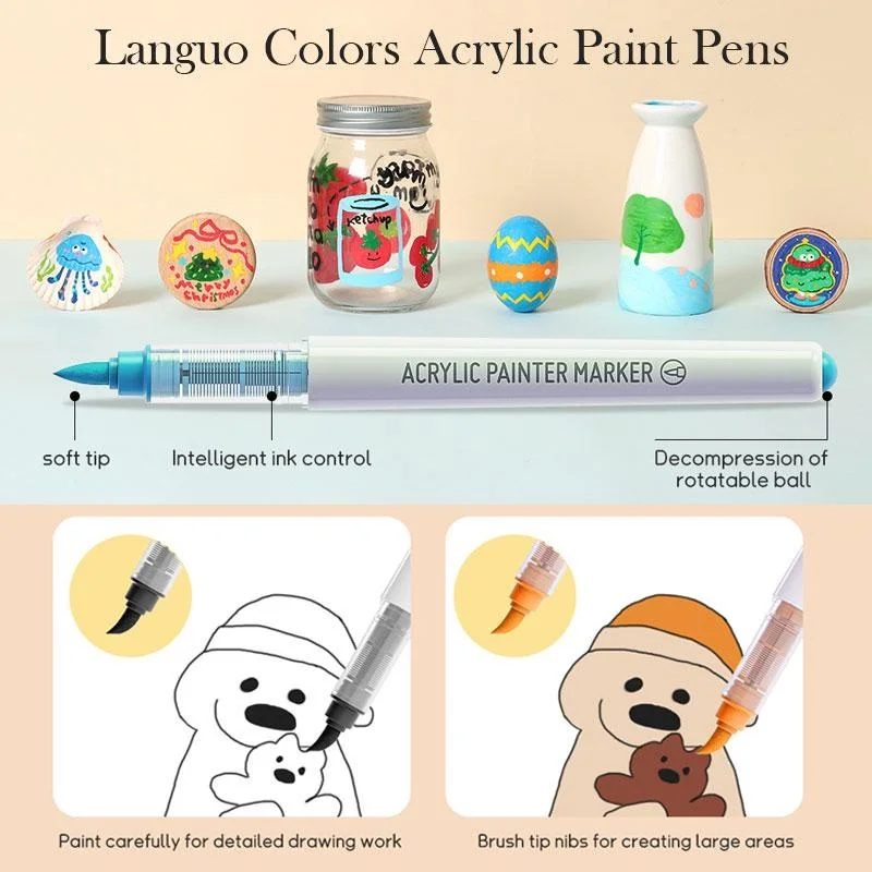 Acrylic Paint Markers Brush Tip Waterproof Rock Painting Fabric Permanent Multi-Surface Marker Pens 24-60 Colors DIY Craft