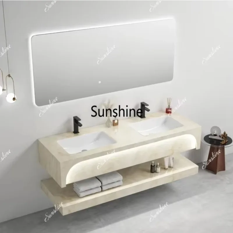 YYModern luxury rectangular sintered stone sink with polished oval basin dresser with wall-mounted bath mirror