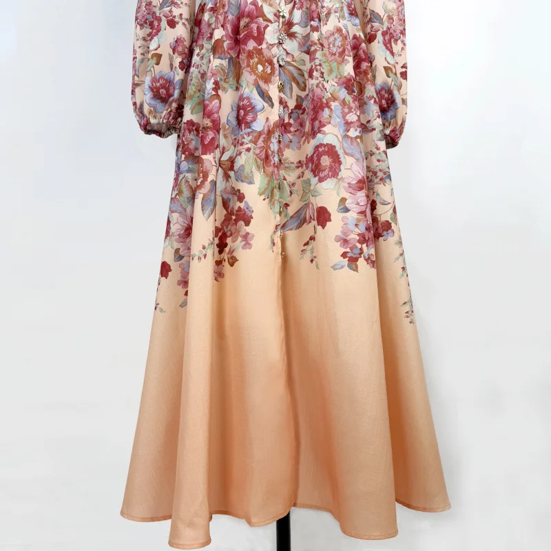 レトロプリントロングドレススタンドカラーシングルボタンランタンスリーブレディース春夏秋ファッションミッドウエストAラインドレス