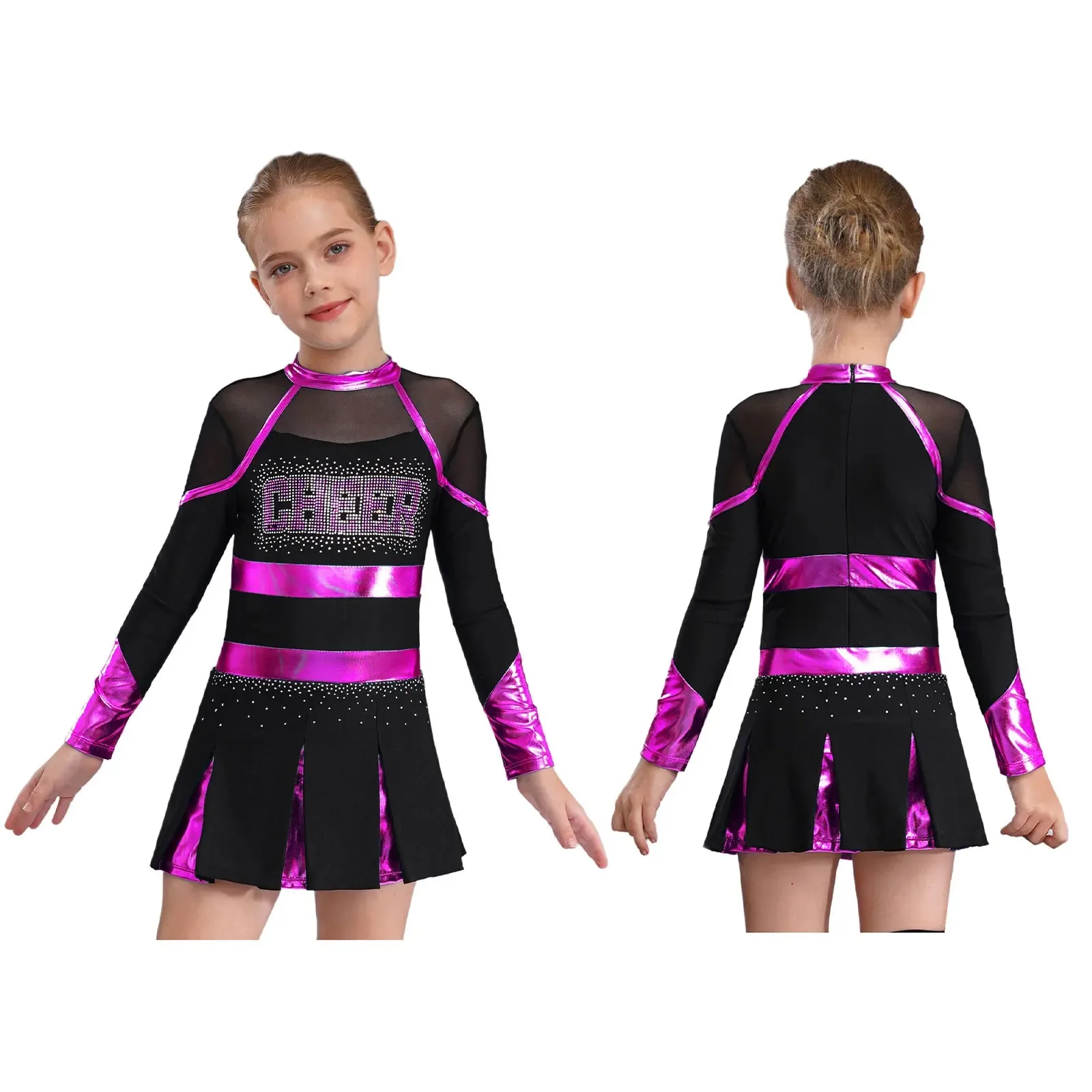 Kinder Mädchen Cheerleading Uniform Cheerleader Tanzkostüm Glitzernde Strasssteine Metallic Plissee Kleid mit 2 Stück Handblumen – Detail 7