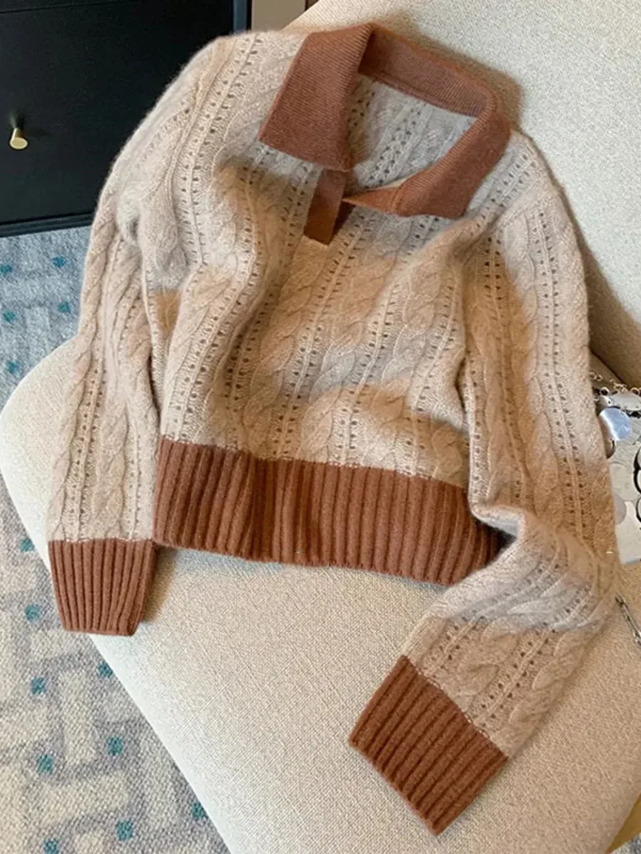 여성용 빈티지 할로우 아웃 풀오버 스웨터, 턴다운 칼라 니트웨어 점퍼, 긴팔 니트 상의, 패널 컬러