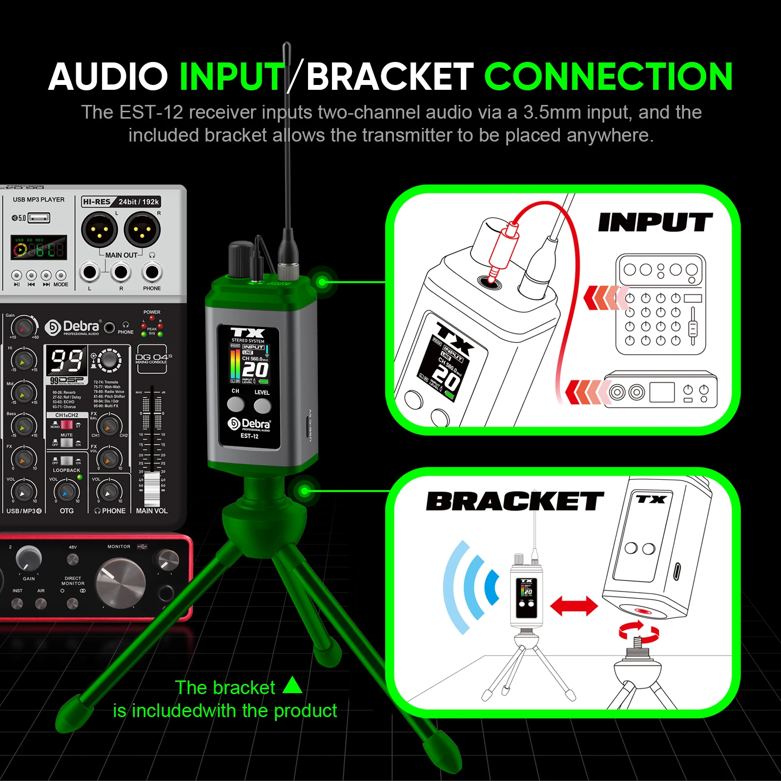 Debra Stereo EST-12 Kabelloses In-Ear-Monitor-System, UHF 560-590MHz, Zweikanal-IEM-System, 80m Reichweite, Wiederaufladbar für Performer – Detail 8