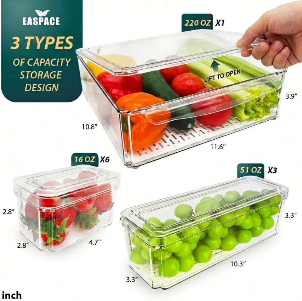 10-Pack Clear Fridge Organizer Bins with Lids & Drainage Holes, Stackable BPA-Free Plastic Storage Containers for Food, Fruits, Vegetables, Meats