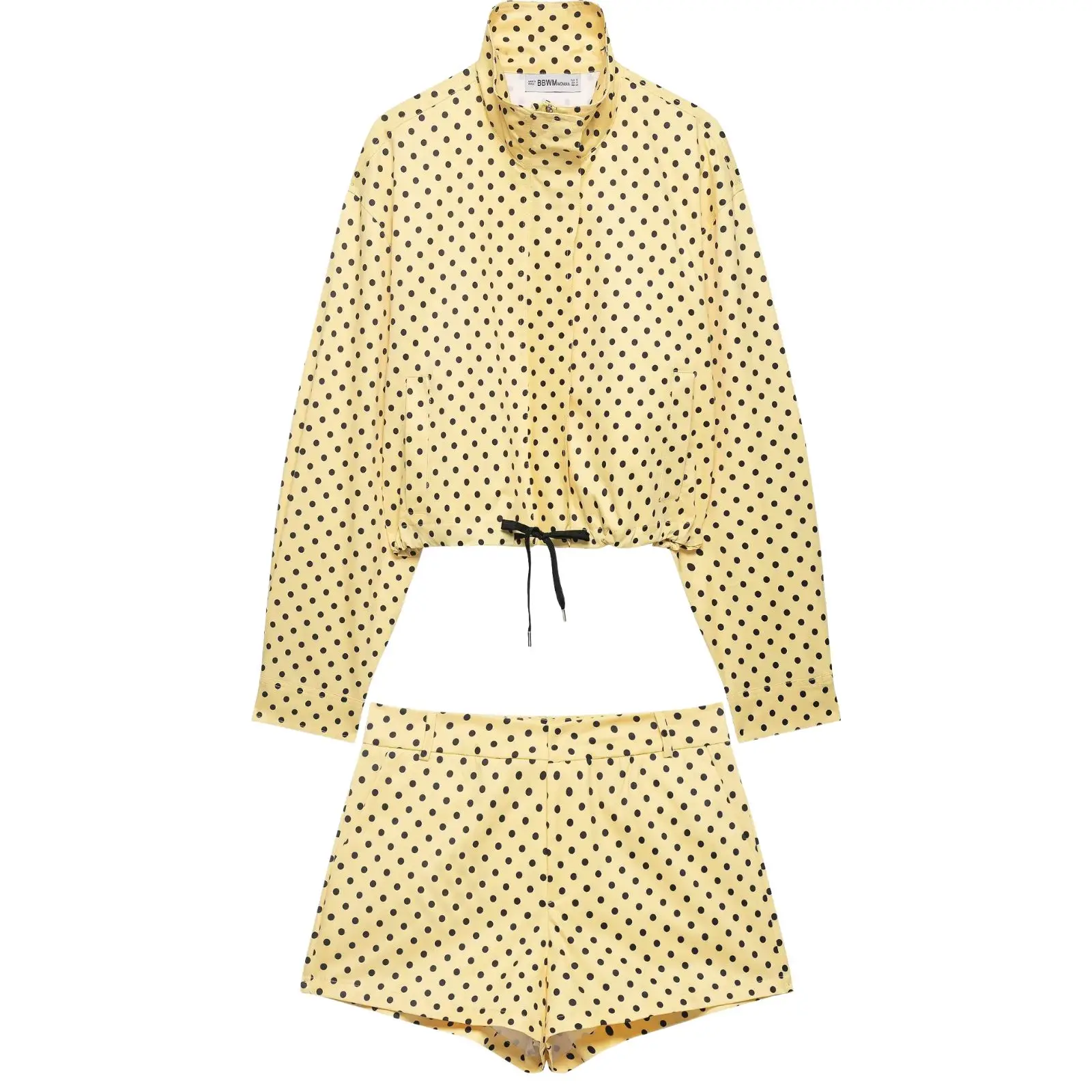 Polka Dot Jacket Turtleneck Zip Up Drawstring Pocket Coat for Women - Yellow