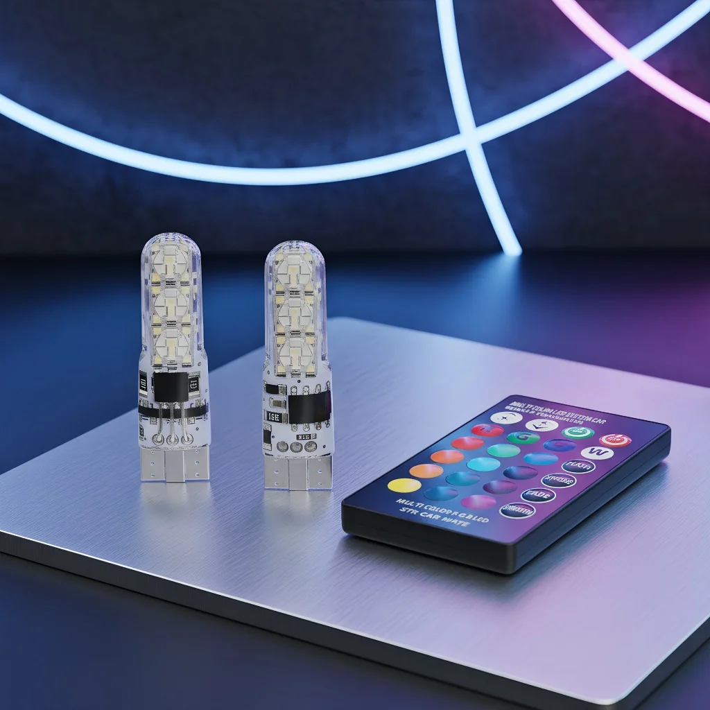 

Car Wedge Side Light Bulb - 2x T10 W5w Waterproof 6SMD 5050 RGB 7 Color LED Remote Control Wedge Lamp (No Battery) Strobe Flash