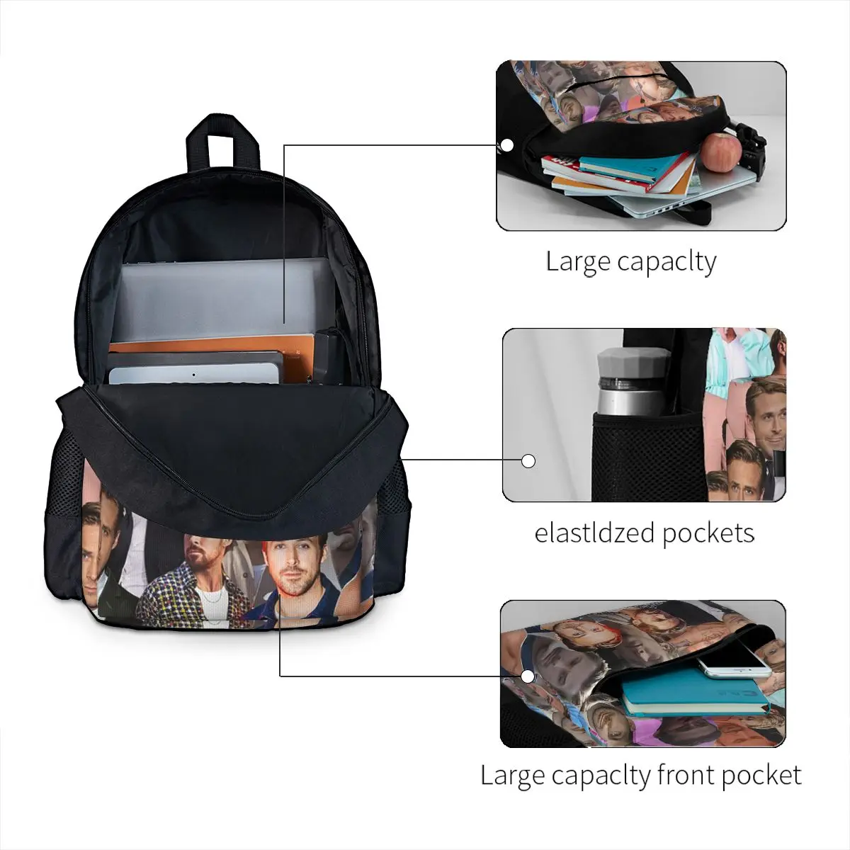 Ryan Gosling Photo Collage Backpack Student BookBag Children School Bag Laptop Shoulder Bags for Men Women