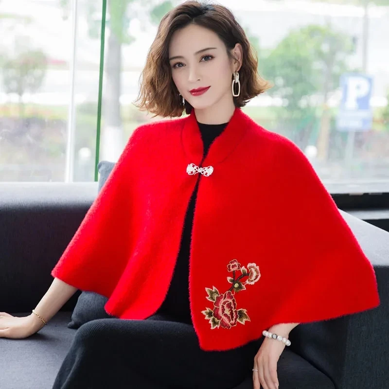 Women Imitation Mink Velvet Sweater Coat Autumn High End Embroidered Shawl Cardigan Elegant With Cheongsam Cloak Knitted Jacket