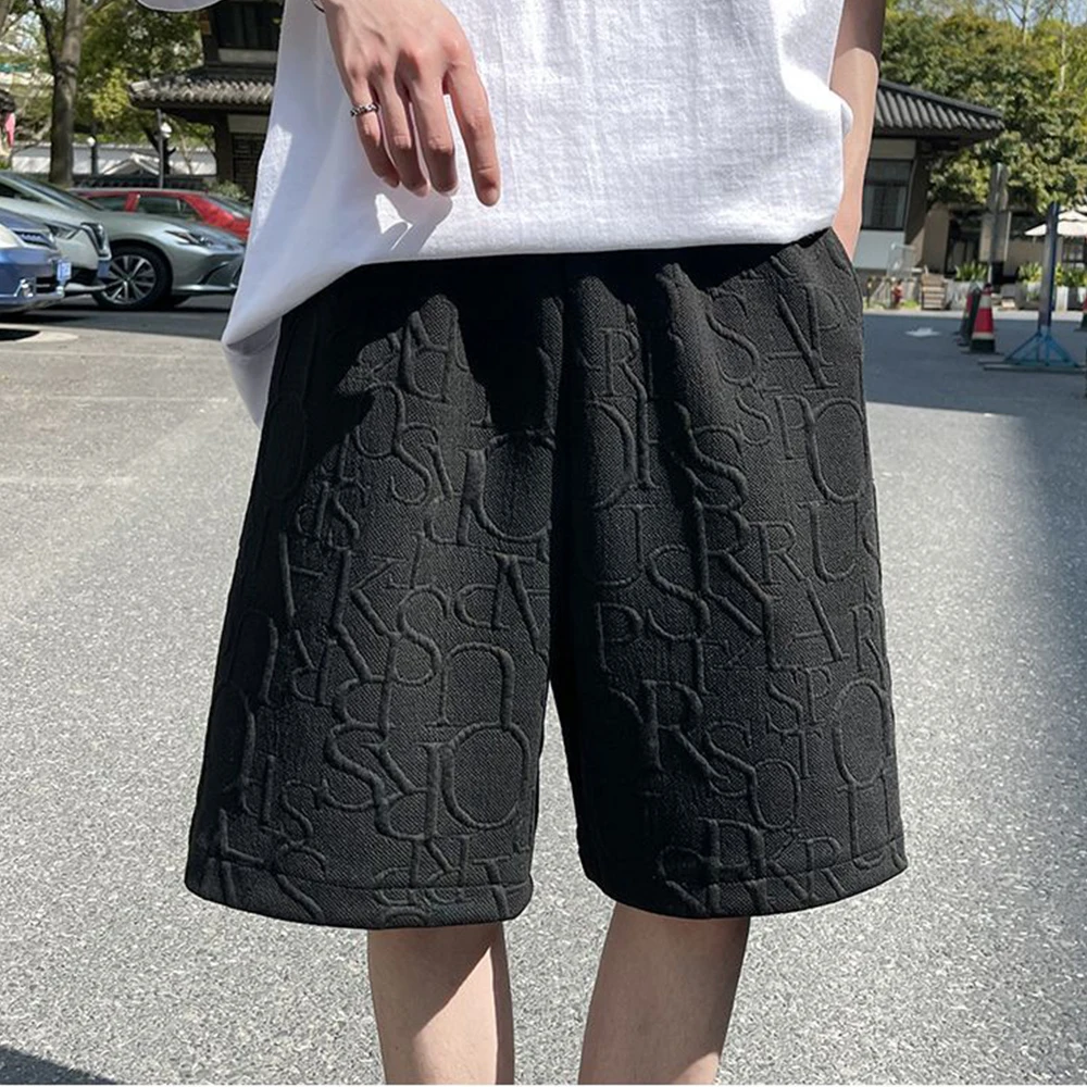 Vintage Waffle Letter Embossed Shorts Casual Loose Pocket Wide Leg Shorts Summer Streetwear Bodybuilding Short Pants