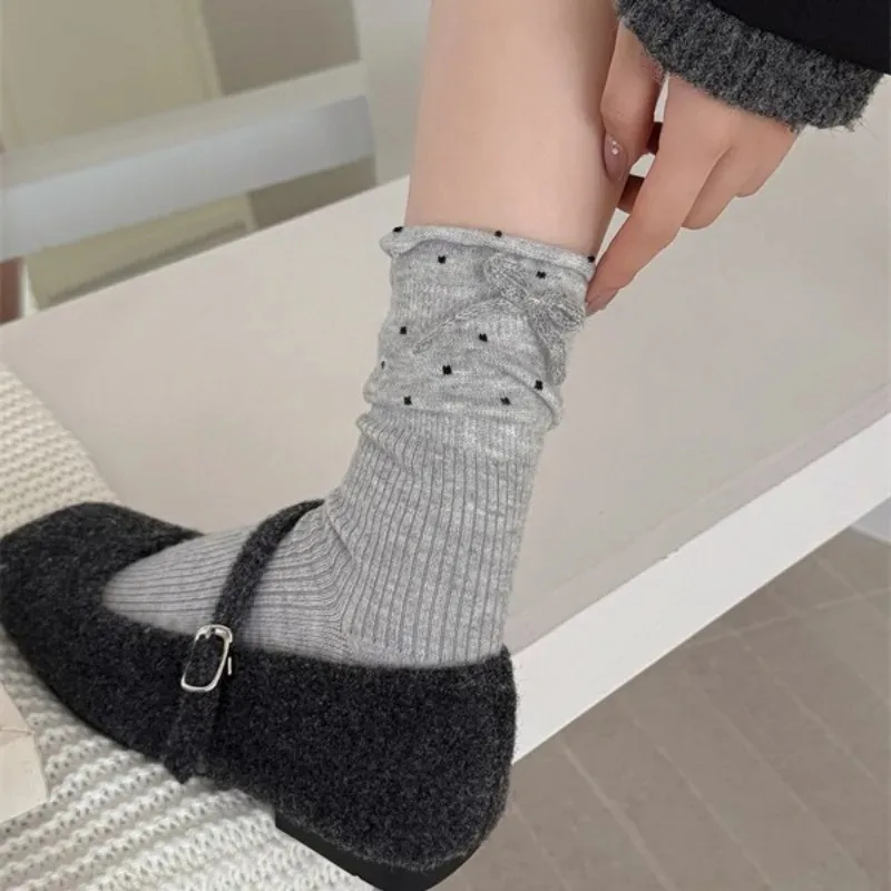 

Autumn and Winter Solid Color Polka Dot Socks for Women Ins Trendy Heel Bow Pile Socks Soft Casual Comfortable Mid-calf Socks
