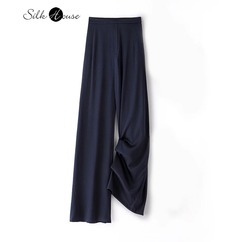 2023 Female Fashion New Elastic Pearl Satin Flat Waist 93%Natural Mulberry Silk Navy Blue Casual Pants