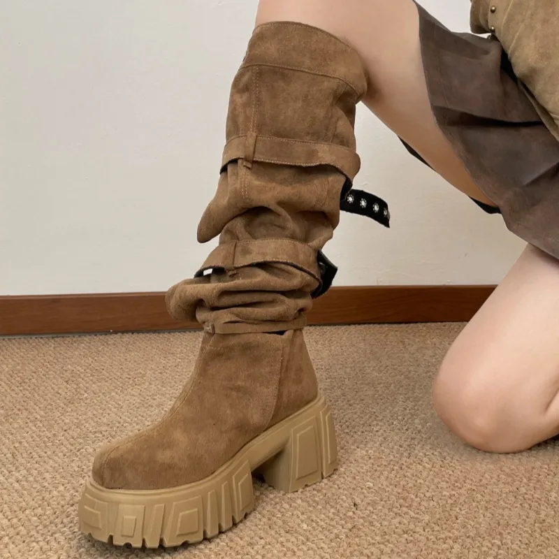 2026 Fashion Punk Style Buckle Strap Women's Knee High Boot Spring Autumn New Rivet Decor Thick Soled Comfort Casual Women Boots