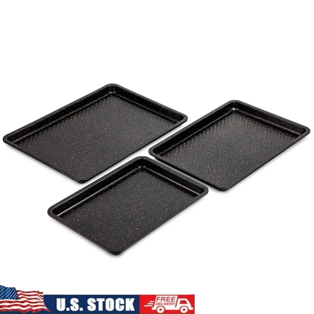 

Nonstick Sheet Pan Set 3-Piece Durable Steel Oven Safe Easy Cleanup Versatile Baking Roasting Even Cooking Black Gold Finish