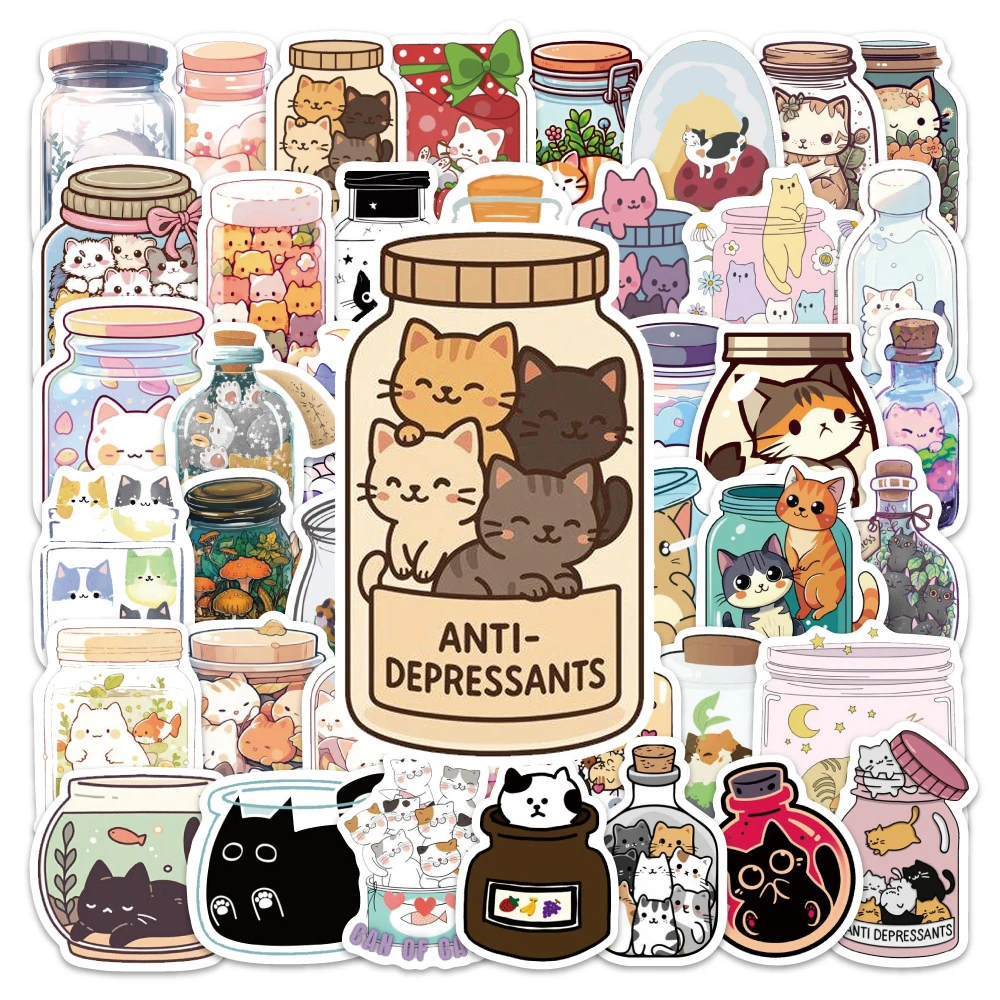 10/30/60pcs Cute Ins Style Cat Bottle World Stickers Kawaii Cartoon Sticker DIY Stationery Phone Case Suitcase Decals Decoration