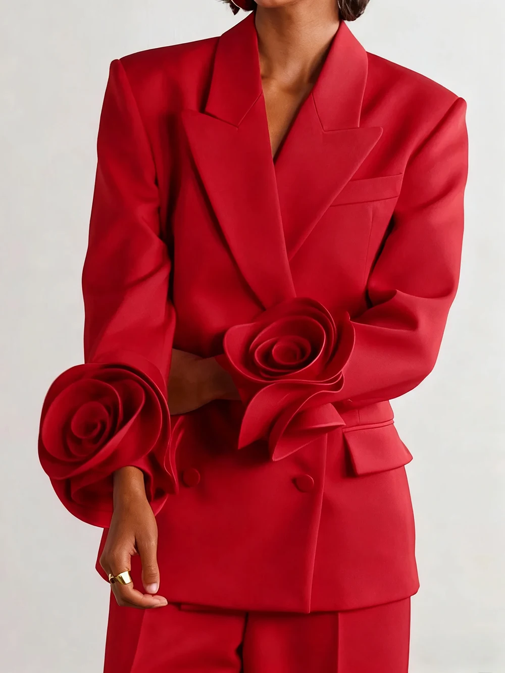 2-teilige rote Blumen-Hosenanzüge für Damen mit langen Ärmeln, maßgeschneidert, formelle Damenbekleidung, Gastparty-Blazer-Sets – Detail 4