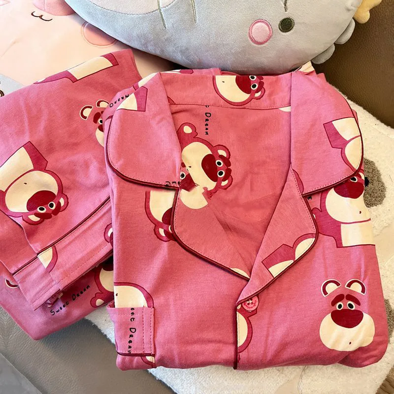 Disney Cartoon Strawberry Bear Home Outfit Women's Long Sleeved Pants Pijama Sleepwear for Sleeping Pajama Sets