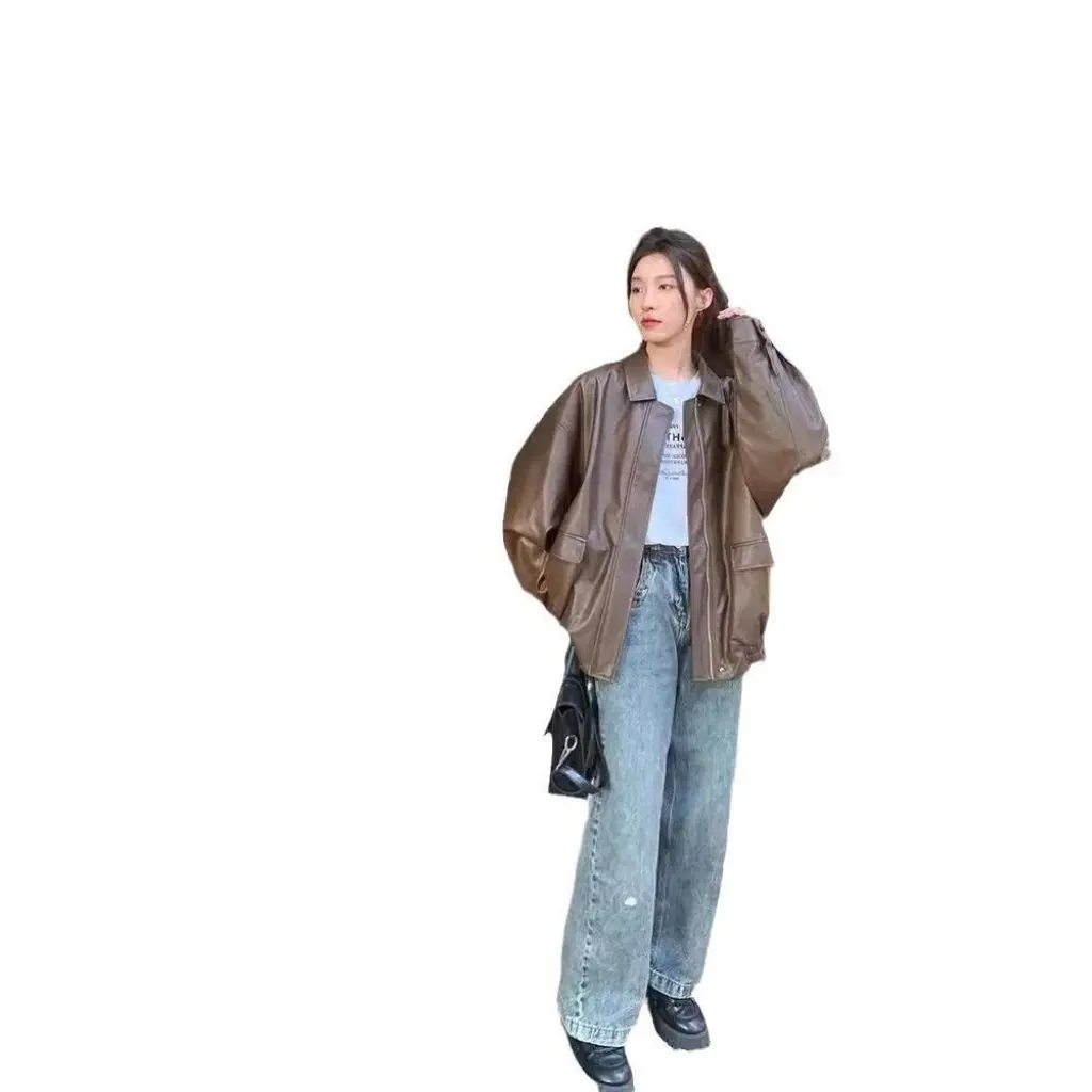 レディース ブラウン PUレザー ジャケット マイラード アメリカン レトロ スイート クール ルーズフィット バイクスタイル