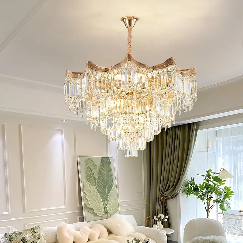 Modern Luxury Stairs Large Crystal Chandeliers Hanging Lamp Villa Hotel Lobby Loft Living Room Decor Rotating Long Pendant Light