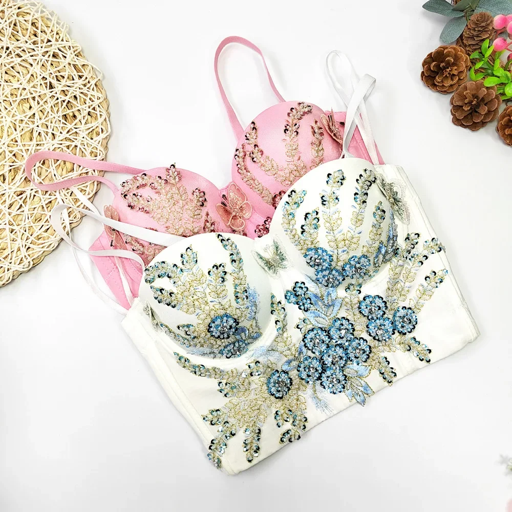 

M361 Women's Intimates Sweet Memory Stage Dance Clothes 3D Beads Sequin Glitter Flowers Bustier Corset Crop Tops Camisole Top