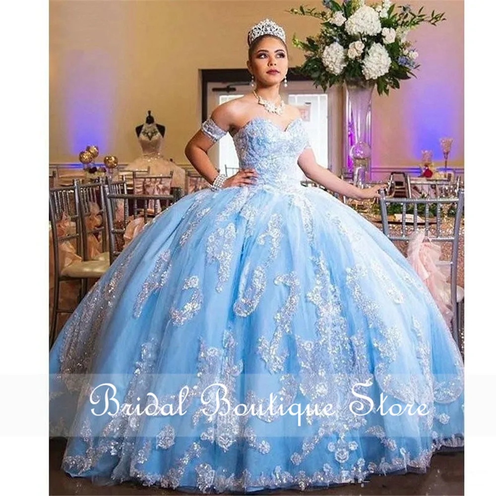 Hemelsblauwe Prachtige Bahama Sweet 16 Quinceanera Jurken Pailletten Kanten Applique Baljurk Vestido De 15 Anos Veterschoenen