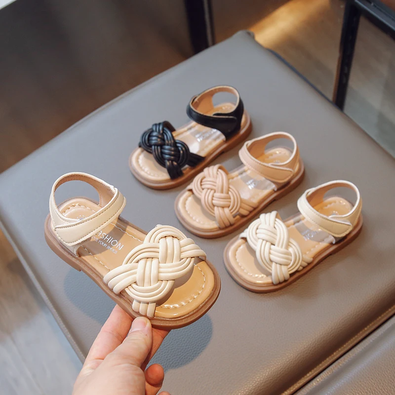 Girls Sandals Weave Roman Style Versatile Open-toe Kids Fashion Beach Shoes Princess Kids Shoes Breatheable 2023 Summer New PU