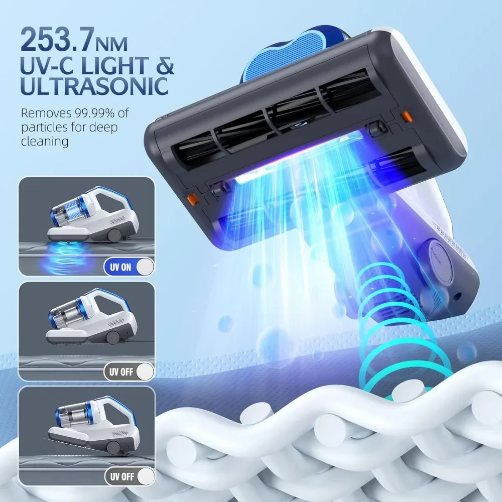 Mattress Vacuum Cleaner with 16Kpa Suction 253.7nm UV-C Light, & HEPA Filter & Heating & Ultrasonic Tech