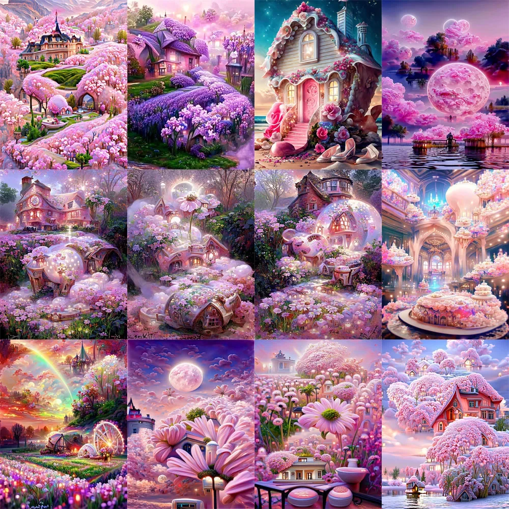 

DIY 5D full Diamond Embroidery,Round Diamond Colorful Flowers Dream Scenery Pink House decoration rhinestone Diamond painting