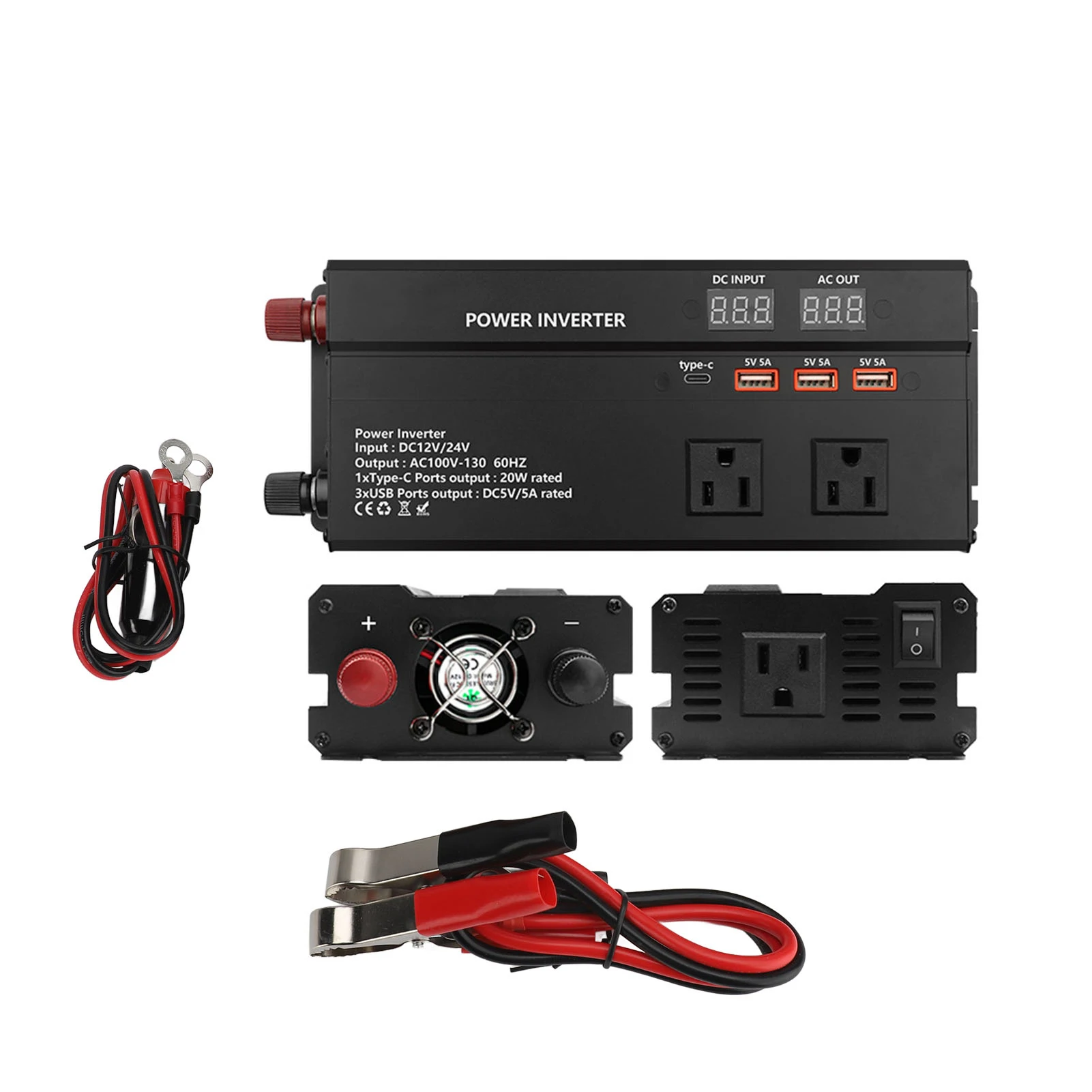 

Car Power Inverter 1000W Dual LED Display 12V 24V Input Car Adapter Converter with 3 USB Ports 1 Type-C Port 3 Outlet Car Power