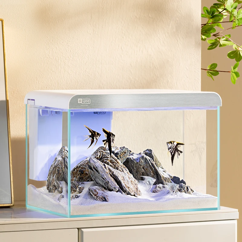 YEE customizable smart fish tank ultra white clear glass small aquarium tank with led aquarium light and filter