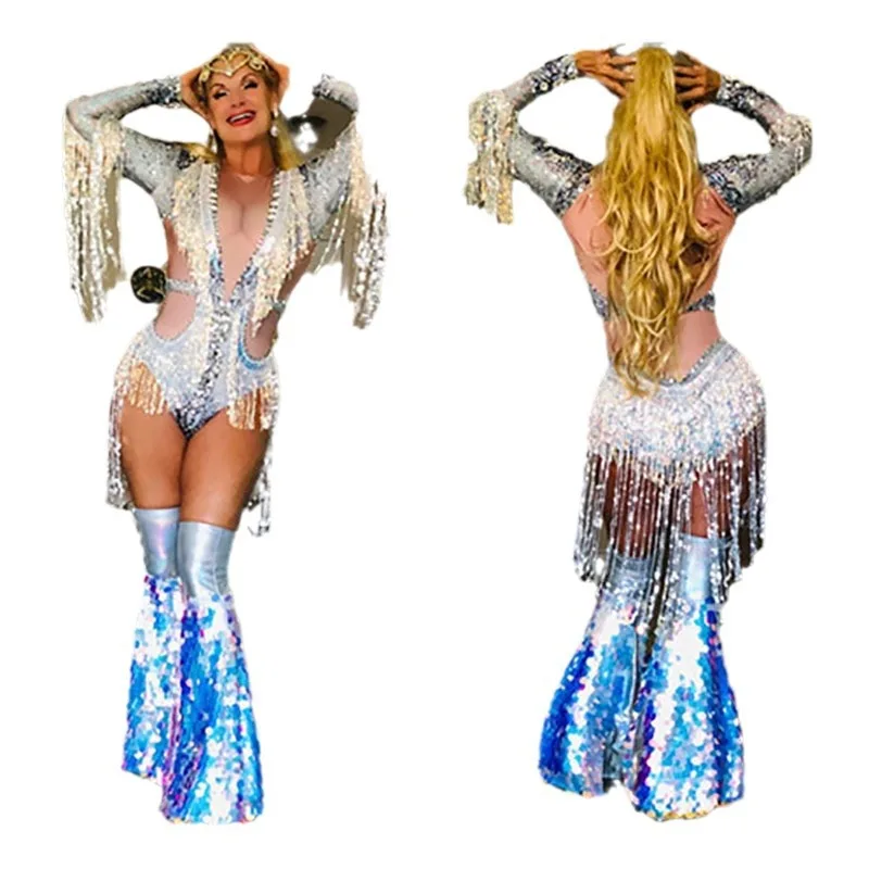 Zilveren pailletten kwastje diamant lange mouwen jumpsuit bar nachtclub vakantie feest zangeres toonaangevende dans podiumkleding