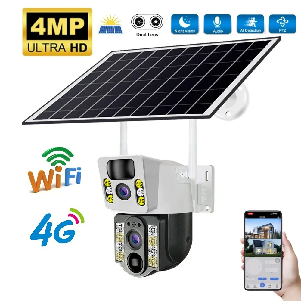 4K 4MP 4G Dual Lens PTZ Solar Camera Outdoor CCTV Dual Screen AI Human Tracking Secuity WIFI Surveillance IP Camera V380 Pro