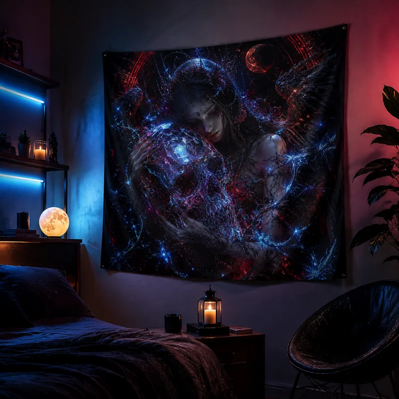 VIKAMA Cyberpunk Skeleton Angel Tapestry, Nebula Neon Dark Gothic Couple Dancing Wall Hanging, Mysterious Dark Home Decor