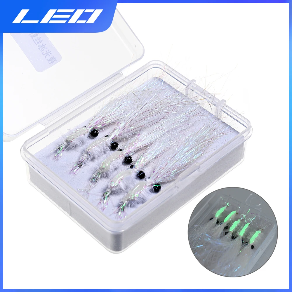 LEOFISHING 5PCS Noctilucence Shrimp Fishing Bait Full Size Fly Lure Carbon Hook Fishing Accessories