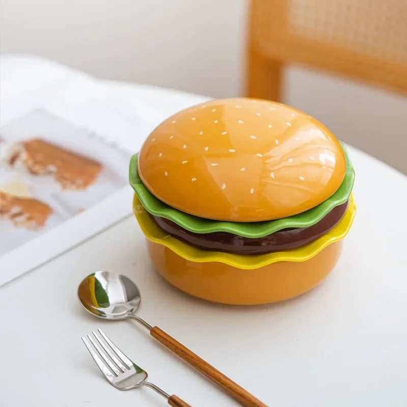 Creative Hamburger Ceramic Bowl Plate 5-piece Set, Cute Cartoon Tableware Household Baking Salad Bowl Dessert Plate Rice Bowl