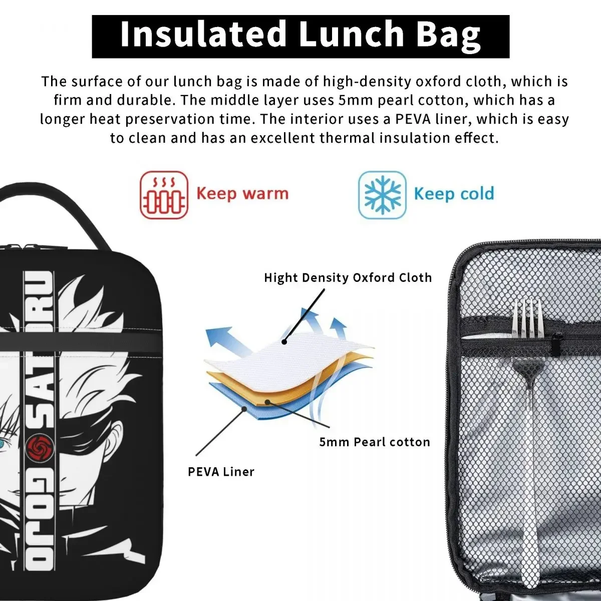 Kaisen Gojo Satoru Insulated Lunch Bags Thermal Lunch Container Anime Portable Lunch Box Tote Food Handbags School