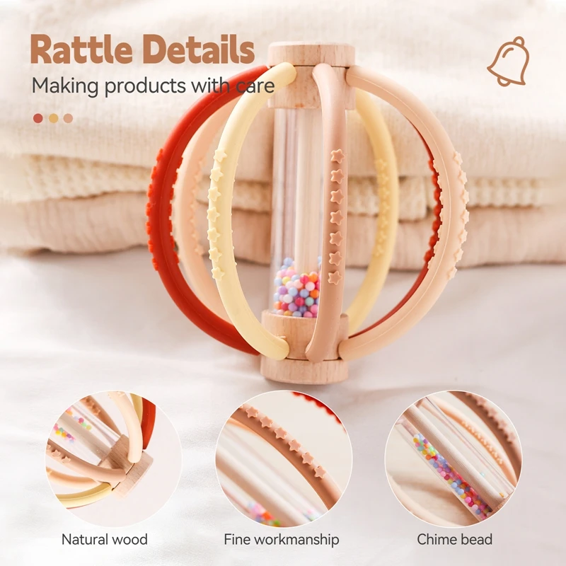 Baby Rattle Toy Wooden Rain Drum With Silicone Baby Sensory Touch Toy Newborn Dental Care Gum Anti-eating Hand ​Molar Stick Gif