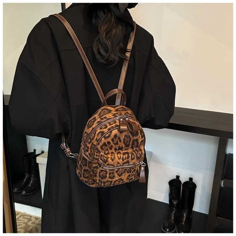 Popular Niche Leopard Print Women\'s Backpack 2024 New Autumn and Winter Versatile Backpack Mini Schoolbag